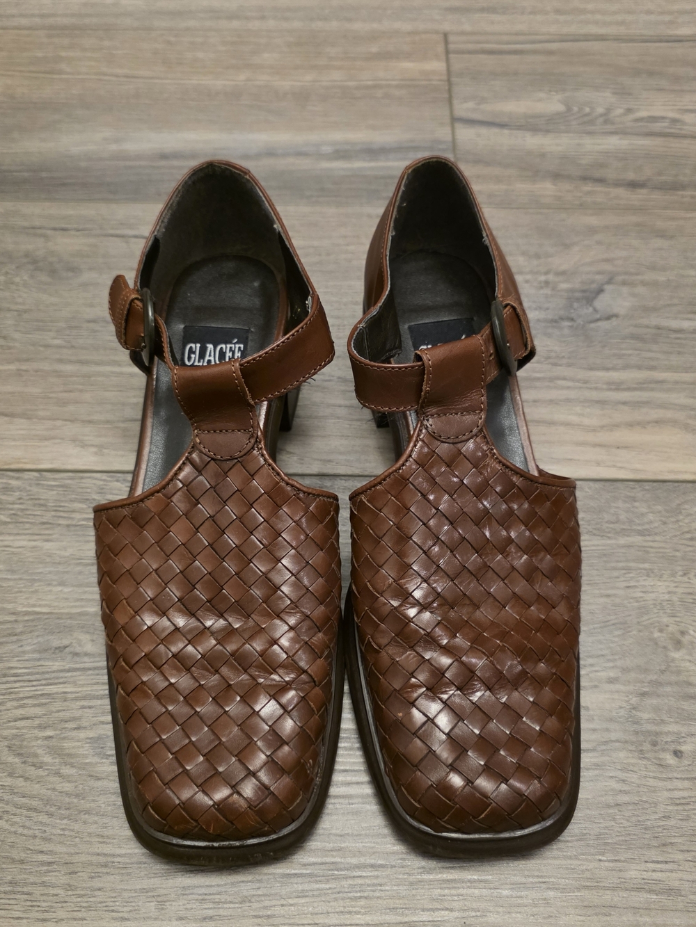 Vtg Shoes Glacee Brown Woven Leather T-Strap Size 7